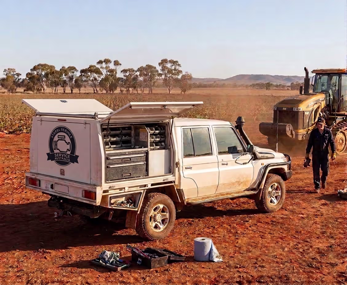 Diesel Service Australia field service ute providing mobile repairs out on farm paddock.