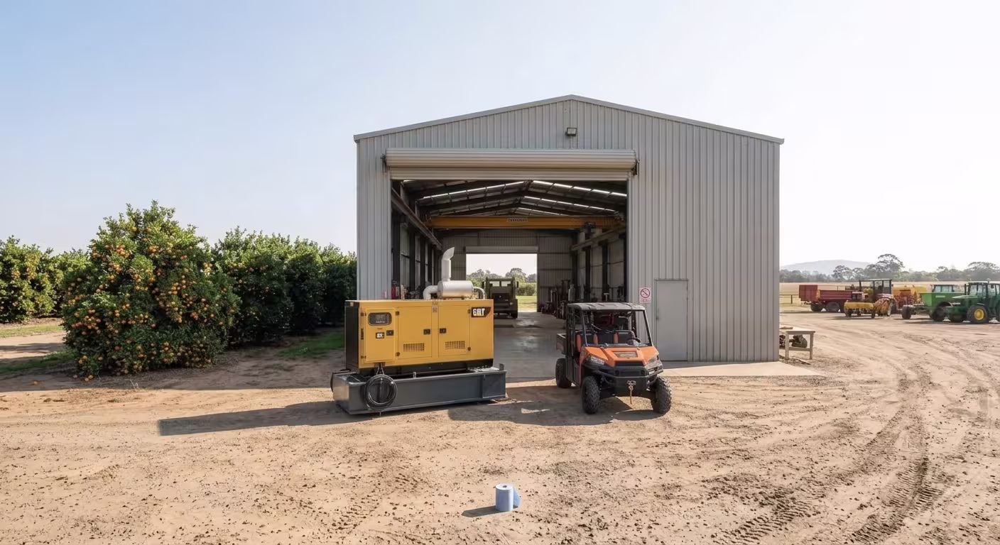 Aerial view of a RAMS service vehicle and technicians installing a solar-powered water pumping system at a large agricultural facility with grain silos and a water reservoir.